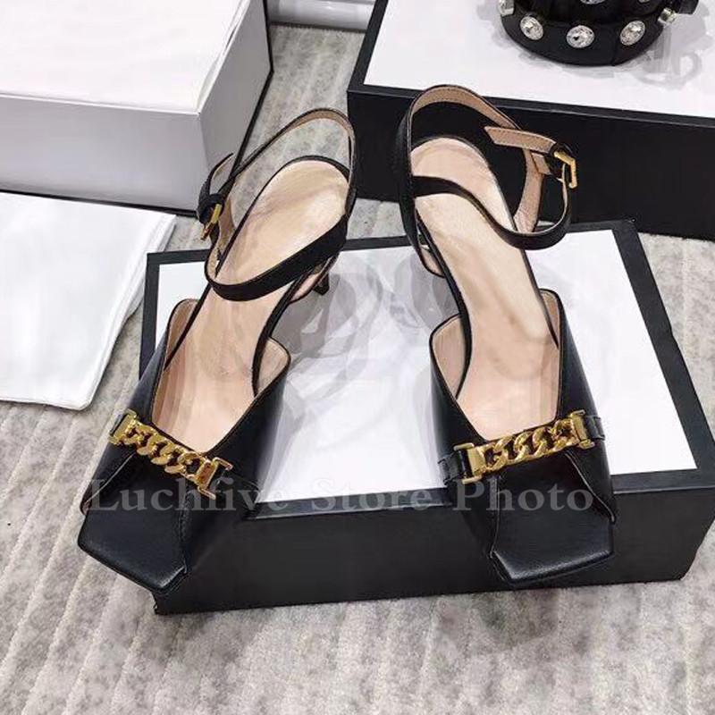 

Luxury Thin High Heel Sandals Women Square Toe Shallow Mouth Gold Chain Ankle Buckle Summer Career Woman Runway Design Shoes, Black