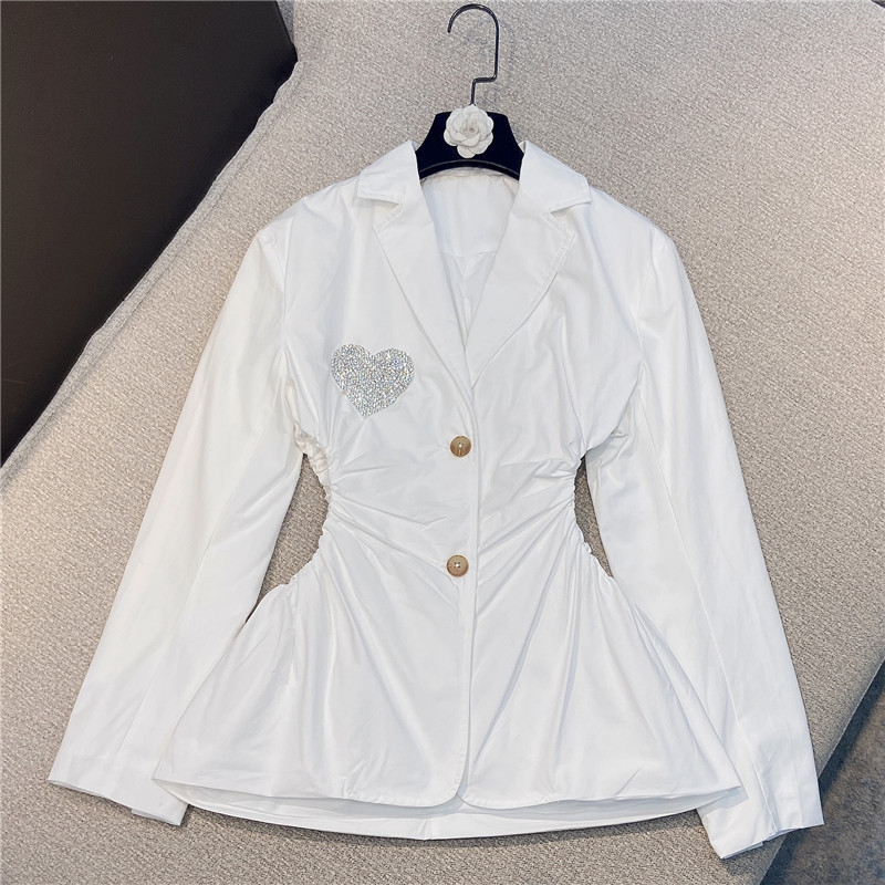 

HIGH QUALITY Summer Fashion Waist Hollow Strass Beaded Thin Blazer Jacket for Women 210521, White