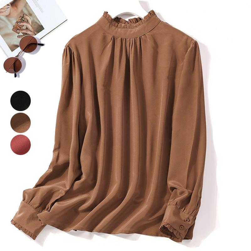 

Women's Blouses & Shirts 100% Silk 16 Momme Loose Type Top T-Shirts Long Sleeves Pure Color Fashion Shirt /L/XL JT040, Khaki