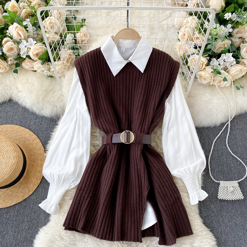 

Office Ladies Two Piece Set Brown/Black Knit Vest And Turn-Down Collar Single Breasted White Blouse Female OL Spring Autumn 2021