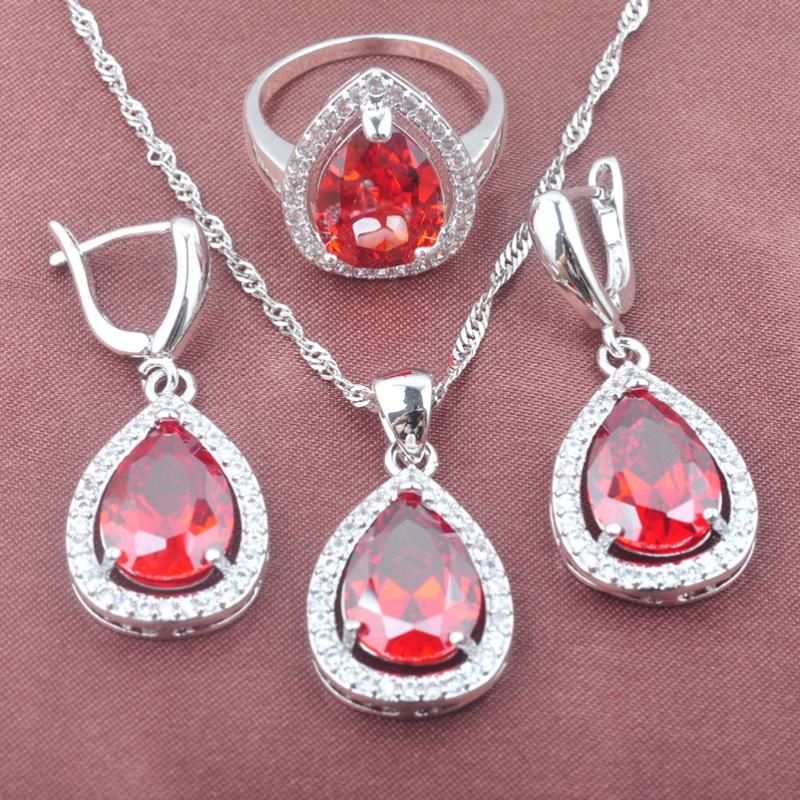 

Earrings & Necklace Bridal Jewelry Water Drop Red Zirconia Silver Color Sets For Women Engagement Christmas Gifts TZ0568