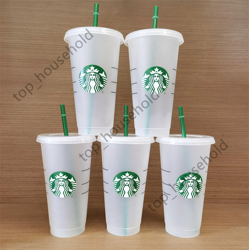 

Starbucks 24oz/710ml Plastic Tumbler Reusable Clear Drinking Flat Bottom Cup Pillar Shape Lid Straw Mug 5pcs DHL