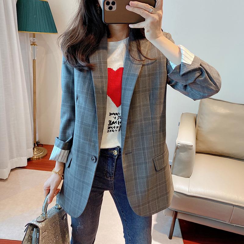 

Women's Suits & Blazers Rhinestone Plaid Suit Coat Ladies 2021 Autumn Notched Single Button Ol Blazer Outwear Tops
