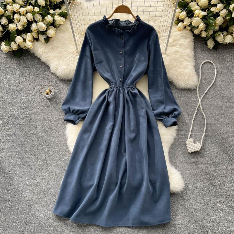 

Casual Dresses Autumn 2021 Fashion French Retro Vestidos Female Round Neck Wood Ear Temperament Waist Slim Midi Dress KK1024, Black