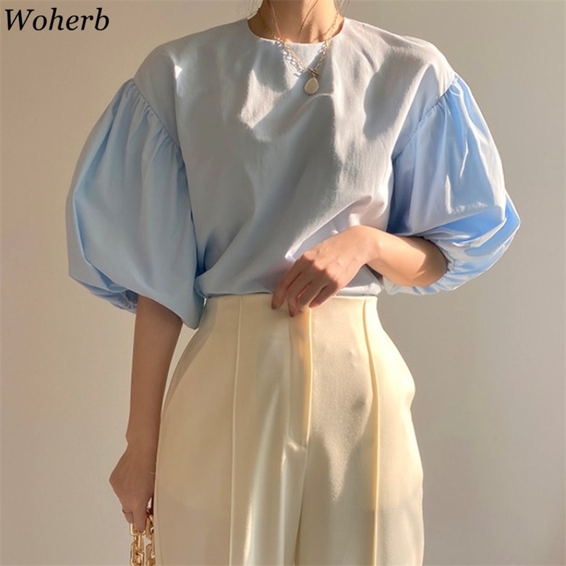 

Korean Elegant Women Blouses Tops Summer Puff Sleeve O-neck All Match Shirt Vintage Office Ladies Blusas Mujer 210519, Black