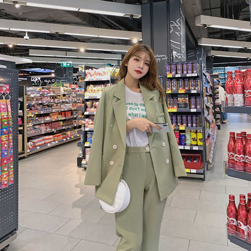 

Korea Fashion Light Green Women Suits Double Breasted Blazer Jacket & Pencil Pant Casual Pant Female Suits High Quality S18 210608