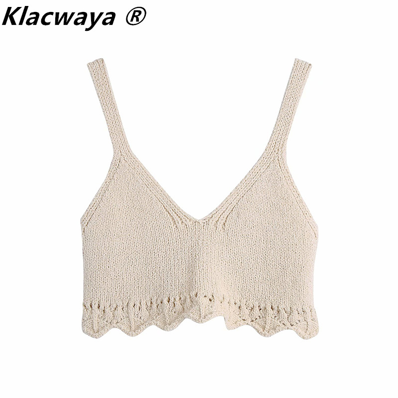 

Women Sweet Fashion Hollow Out Cropped Knitted Tank Tops Vintage V Neck Wide Straps Female Camis Mujer 210521, Beige