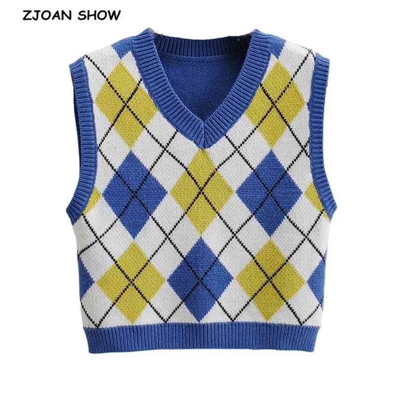 

Preppy Style Blue Argyle Plaid Knitting Sweater Vest Women 90's Vintage Korean Clothing V Neck Crop top Tank Top Y2K Knitwear 210429