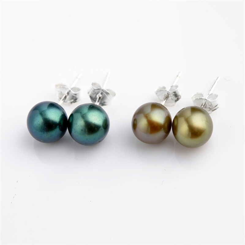 

Simple Studs Earring 925 Round Freshwater Peacock Green 7-8mm Pearls Sterling Silver Women Jewelry 10 Pairs, Golden;silver