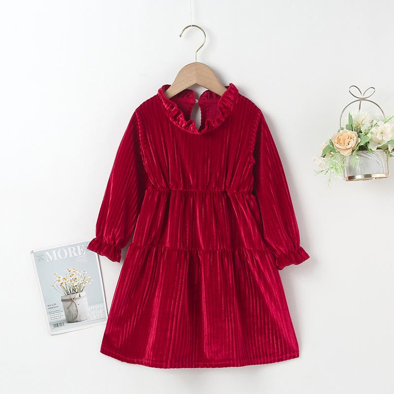 

Girl's Dresses 1-6 Years Old Girls Long-sleeved Dress Spring And Autumn Korean Girl Gold Velvet Lotus Leaf Collar Princess, Red;yellow
