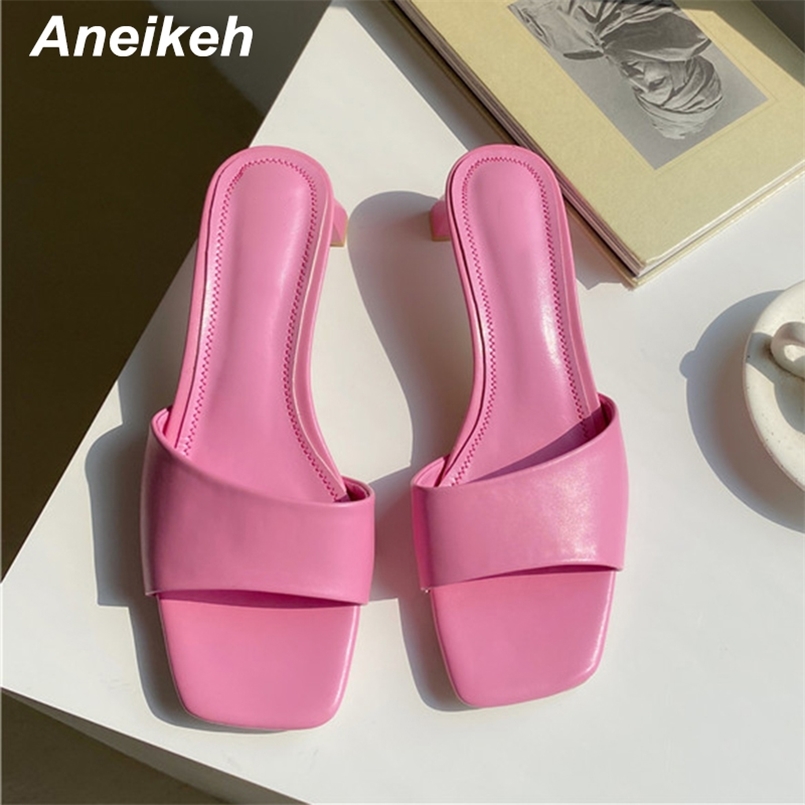 

Aneikeh Summer Women Shoes Square Toe Slides Rubber PU Solid Outside 5CM Thin Heels Adult Shallow Beach Slippers Size -42 210628, Green