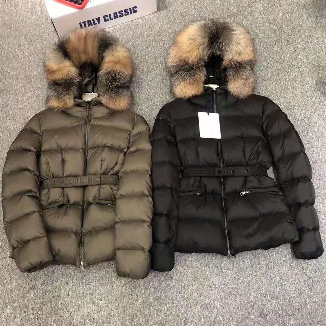 

Winter Women Down Jacket Thicken Warm Coat Casual Belt Fur Hoodies Parkas Padded Coats, Army green short