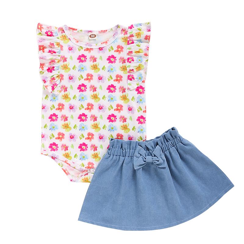 

Baby Girl Skirt Set Summer Vest Outfits 0-24 Months Colorful Bodysuit Ruffles Top Bow Decor Toddler Flower Clothes Clothing Sets, White