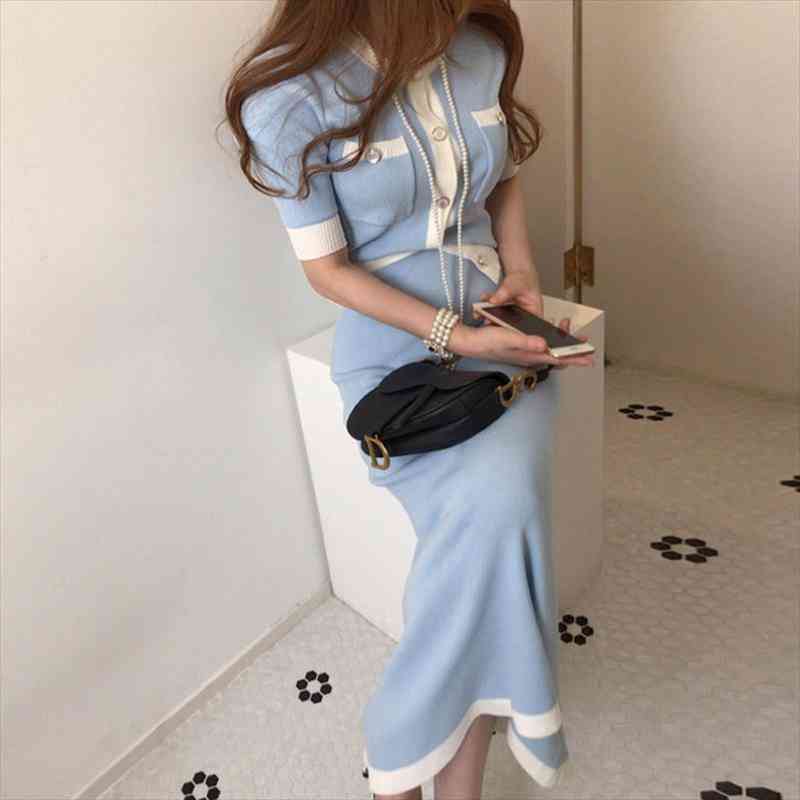 

korean elegant knitted two piece set women crop sweater cardigans elastic waist long skirt suits fashion ladies sets, Gray