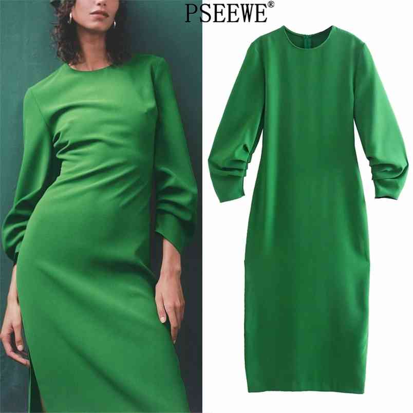 

Spring Green Long Dress Women Elegant Ruched Sleeve Midi Woman O Neck Back Zip Vintage Ladies es 210519