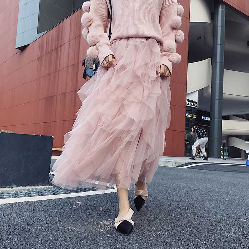 

women summer sexy lace pleated high waist long skirt ladies korean vintage elegant tulle mesh transparent gauze midi 210601, Gray