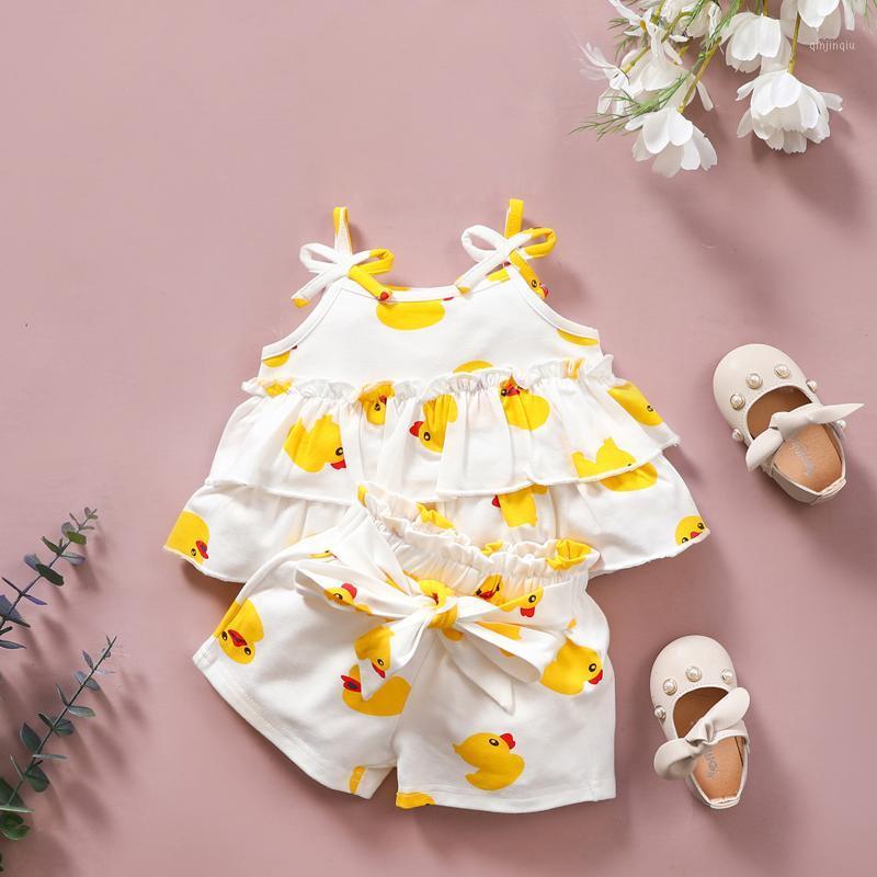

40# Clothes For Babies Kids Girls Animal Cartoon Sleeveless Little Yellow Printed Sling Layered Top + Shorts Set Ropa NiÃ±a, White