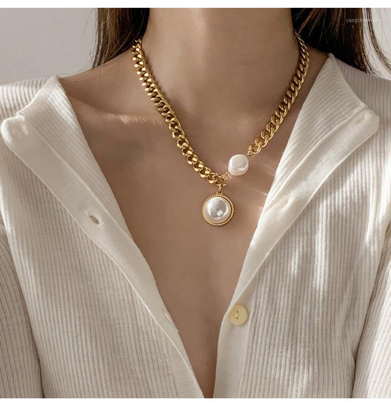 

Chains Exaggerated Women Golden Thick Chain Pearl Necklace European American Hipster Fashion Design Sense Neck Jewelry Clavicle