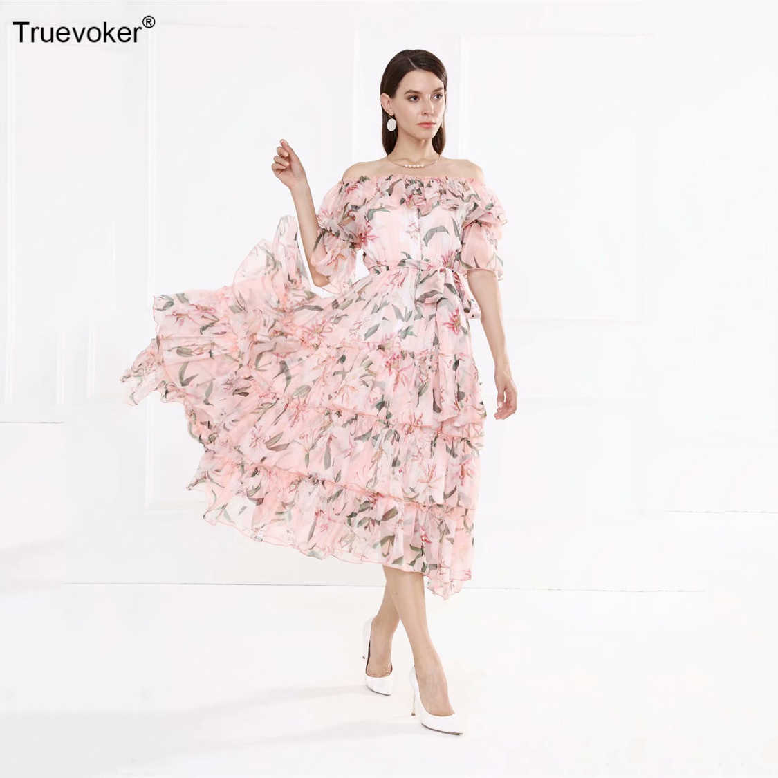 

Truevoker Sexy Holiday Dresse's Off The Shoulder Floral Printed Resort Midi Vestidos Ruffle Layer Cake Robe Femme Ete 210602, Blue