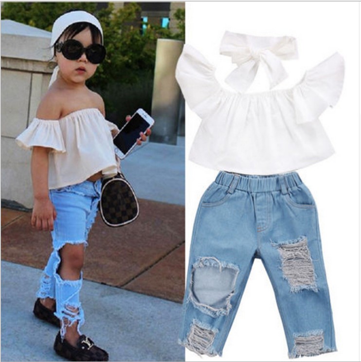 Conjunto de 3 piezas para niña verano blusa blanca vaqueros rotos diadema ropa infantil