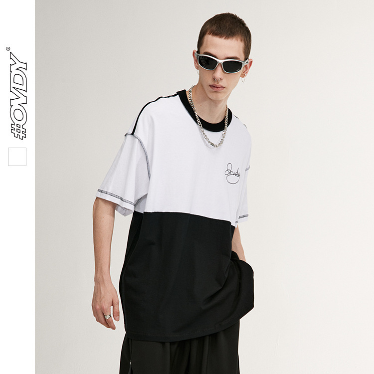 

wxwovdy men's wear 2021 spring and summer new national fashion simple black and white stitching loose casual t-shirt short sve men', White;black