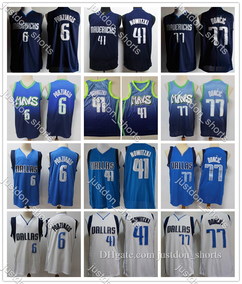 

Mens Dirk Nowitzki 41 Luka Doncic 77 Kristaps Porzingis 6 City Blue Edition Hot Press Mesh Basketball Jerseys Stitched Shirts Sweatpants Pants, Black;red
