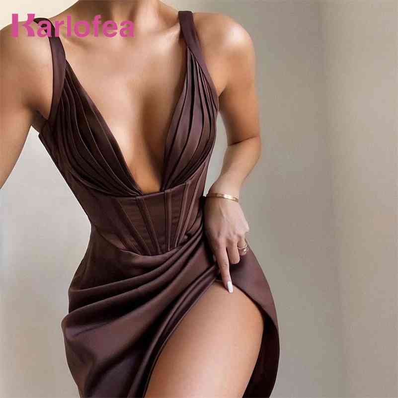 

Karlofea Female Summer Stretchy Satin Corset Dress Chic Slit Draped Midi Dress Festival Clothing Sexy V Neck Club Party Dresses 210630, Lake green