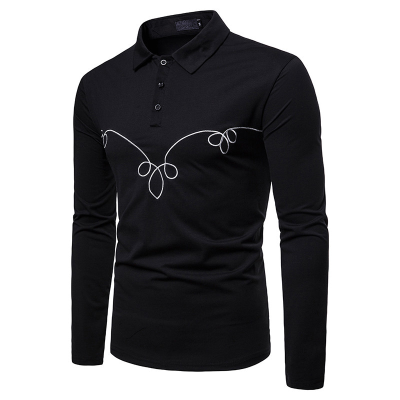 

Mens Designer Embroidery Polos Casual Long Sleeve Tees Slim Contrast Color Fashion Turn Down Collar Mens Tops, White;black