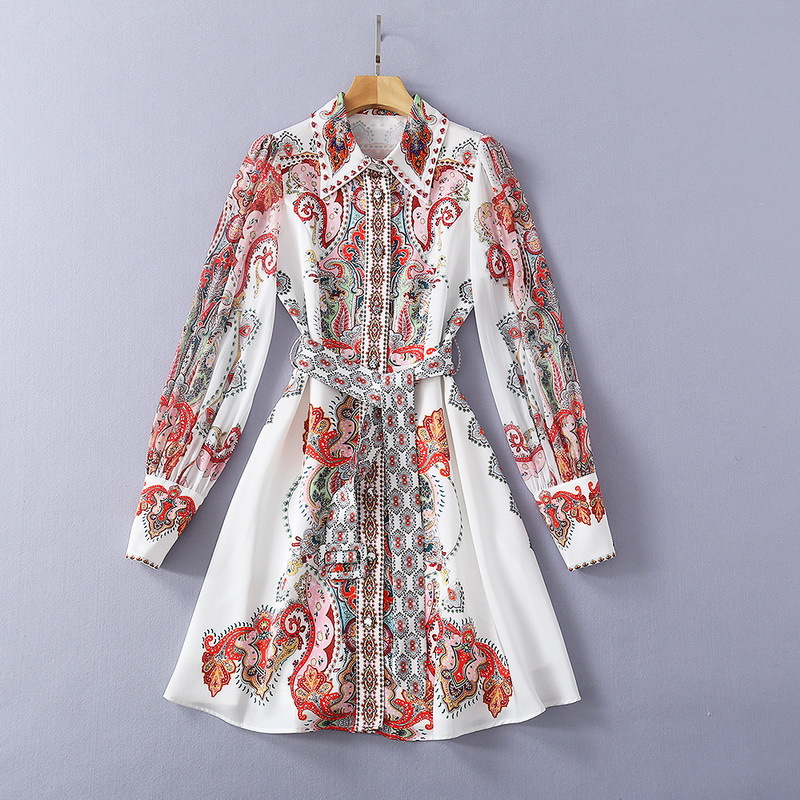 

European and American women's clothing spring 2021 new Long sleeved lapel with beaded nails Fashionable print belt dress, Black;gray