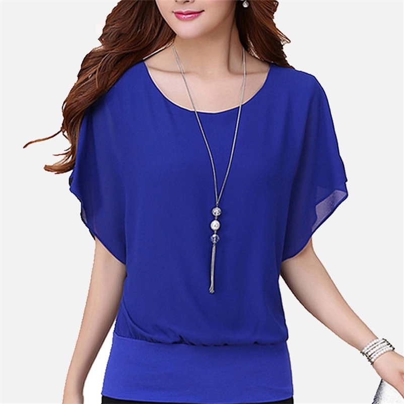 

Women' Chiffon Batwing Short Sleeve Blouse Solid Office Lady Womens Tops and Blouses Spring Summer Clothes Plus Size 210524, Black