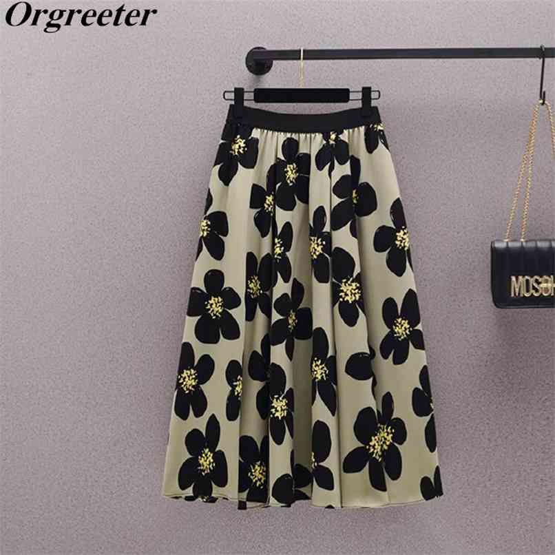 

Harajuku Mid Long Skirts Women Summer Fall Fashion Korean Style Floral Printted High waist A-line Female 210602, Green