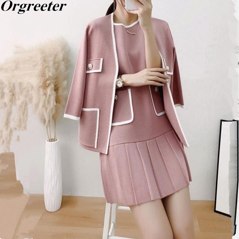 

Fall Knitted Coat and Dress 2 piece sets Women Graceful O-neck 3/4 Sleeve Jacket With Short Pleated Vest 210525, Black