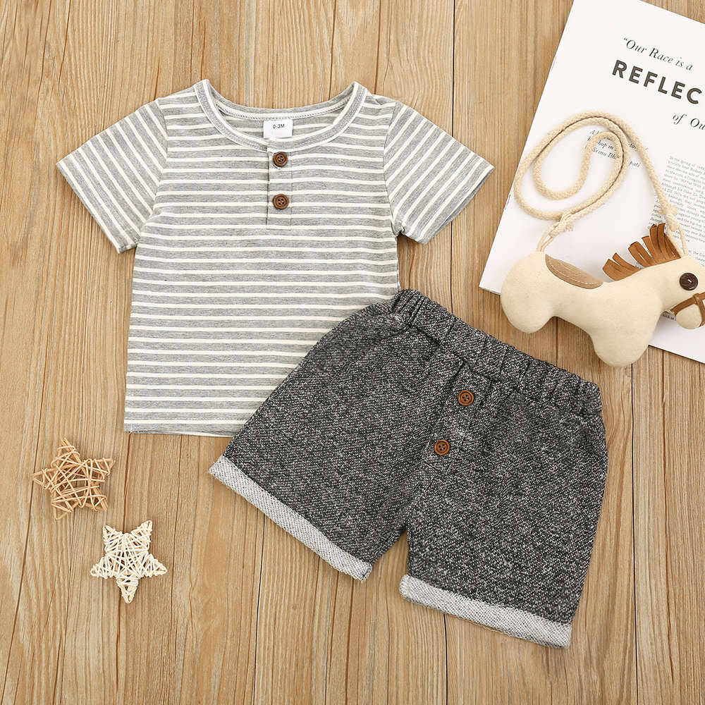 

Summer Boys' striped short sleeve shorts suit, White