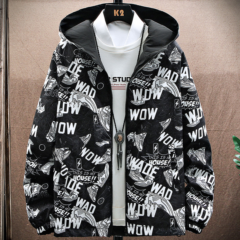 

The New Two-sided Mens Jacket Male Fashion Geometric Pattern Windbreaker Lightweight Male Outerwear Clothing Size 4XL, Black