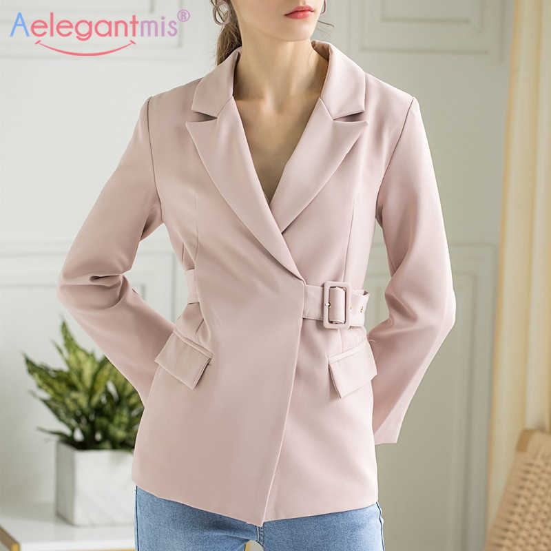 

Aelegantmis Casual Sashes Office Lady Pink Blazer Coat Women Turn Down Collar Spring with Belt Female Black Jacket 210607