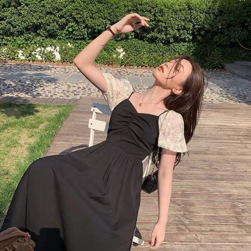 

Summer Elegant Vintage Dress Women V-neck Short Sleeve Black Casual Party Korean Office Lady Chic Lace Vestidos 210517, As picture