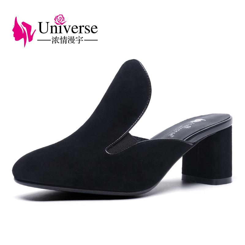 

Universe Round Toe Black Mules Shoes Woman Chunky Heel Pumps Kid Suede Leather Ladies H012 Dress