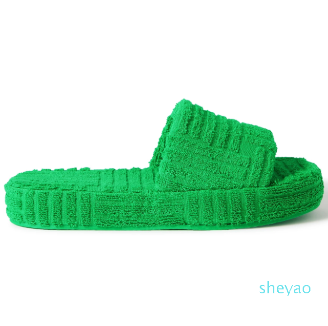 

2021 Grass Green Striped Terry Slides Slippers Women Sponge Geometric Flat Designer Platform Midsole Mules Shoes Size 35-40