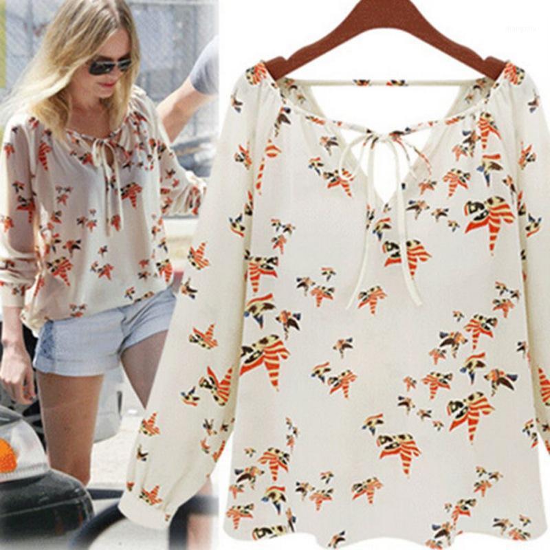

Women Chiffon Tops Blouses Lady Long Sleeve Dove Print Casual Loose Shirts Office Female Summer Autumn Feminino Women, Beige