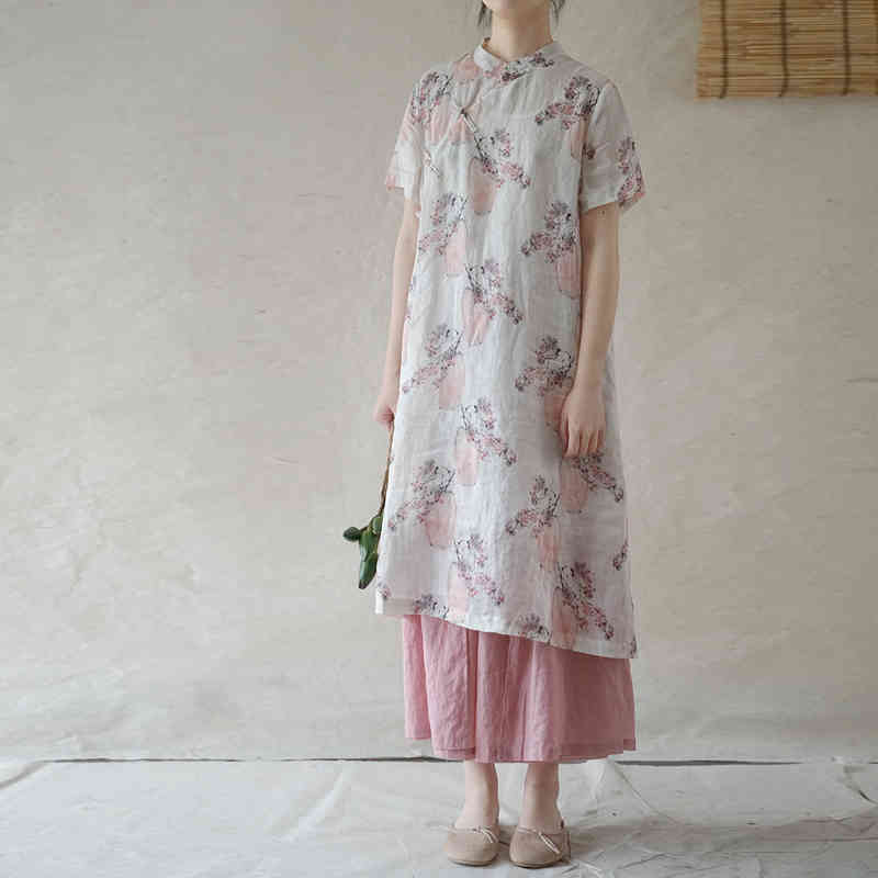 

Johnature Women Chinese Style Dress Ramie Stand Short Sleeve Cheongsam Summer Print Floral A-Line Button Dresses 210521, White
