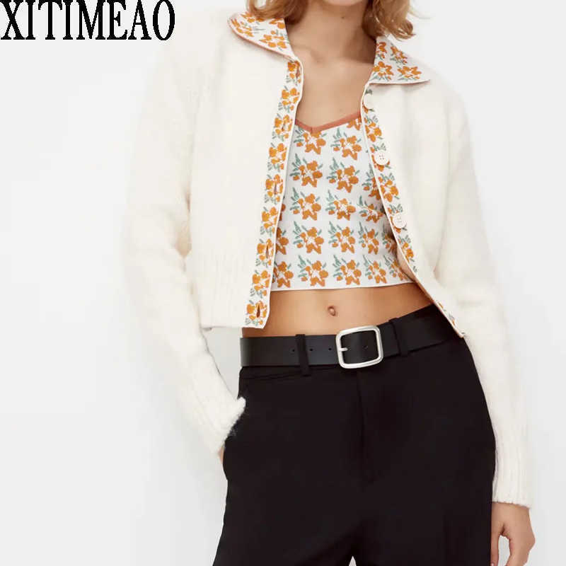 

ZA Women Fashion Floral Print Knitted Cardigan Vintage Long Sleeve Patchwork Sweater Jacket +Chest strap Top 2-piece XITIMEAO 210602, Beige