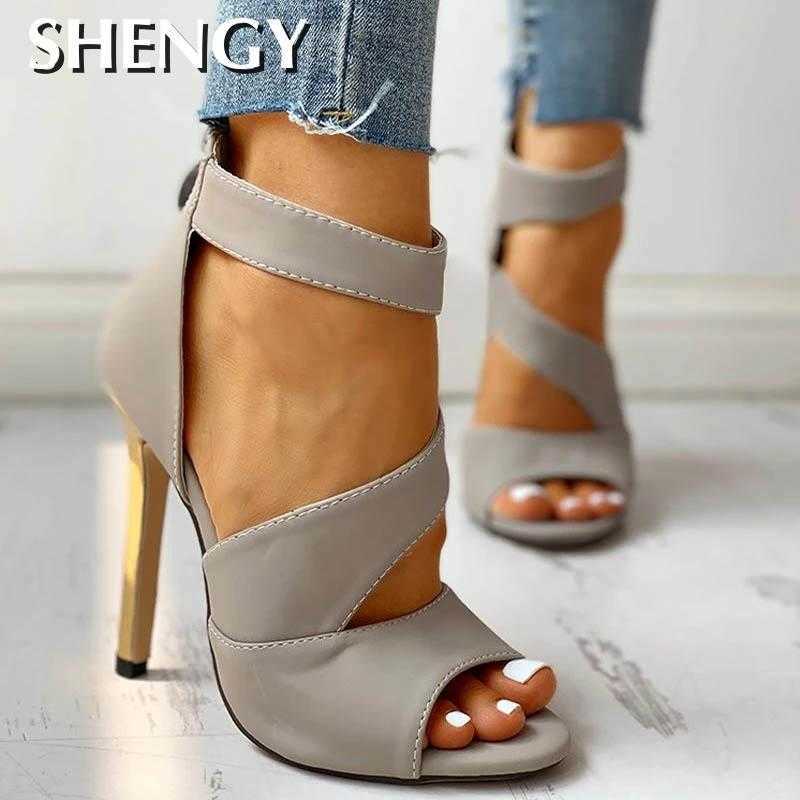 

2020 Thin Heels Women Summer Thin High Heels Zipper Peep Toe Sandals Office Hollow Out Sandals Shoes Woman High Heels Y0721, Grey