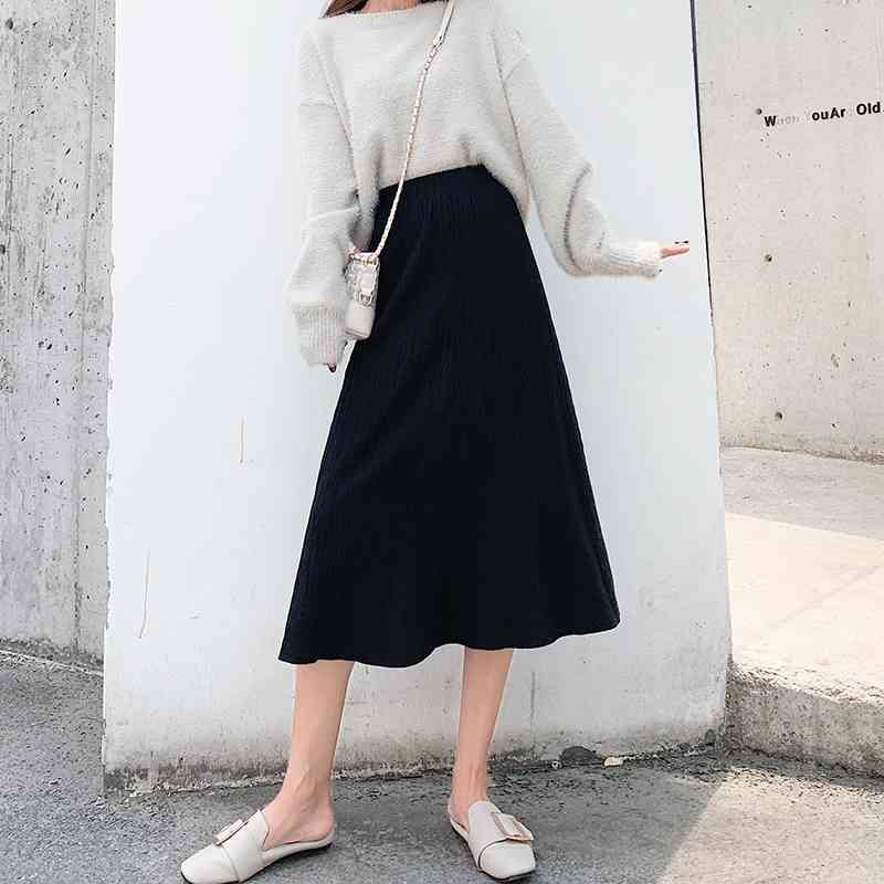 

WERUERUYU Long Knit Women Pleated Skirt Autumn Winter Thick Warm A Line Skirt Chic Knitted Sweater Skirt Femme 210608, Photo color