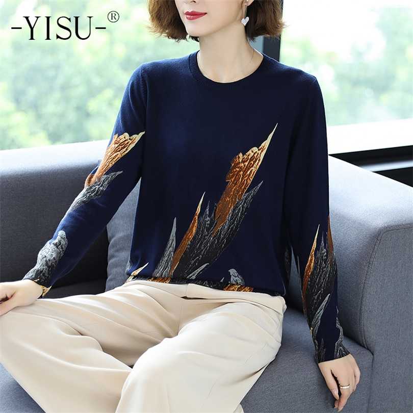 

YISU Autumn Winter Casual Knitted Sweater Women Pullover Sweaters Loose Jumper O neck Long sleeve Printed sweater 211018, Navy blue