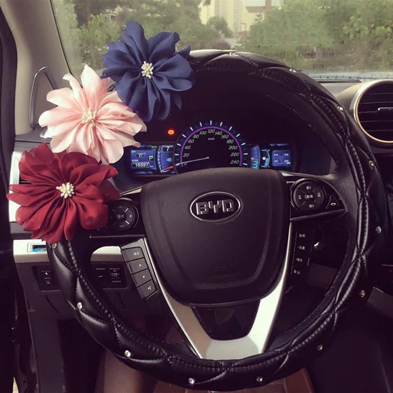 

Steering Wheel Covers Cute Crystal Flowers Auto Car Cover Leather Rhinestone General Anti-slip Steering-Wheel For Women Girls