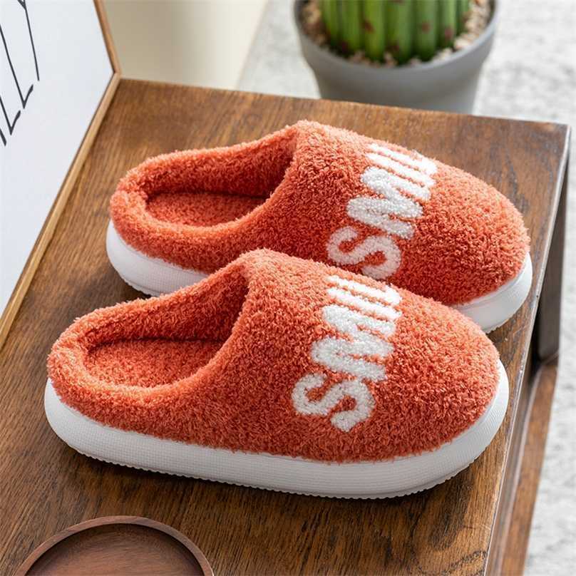 

Cotton Slippers Home Shoes Thick Sole High Heel Non House Platform Fluffy Slides 211110, Orange red