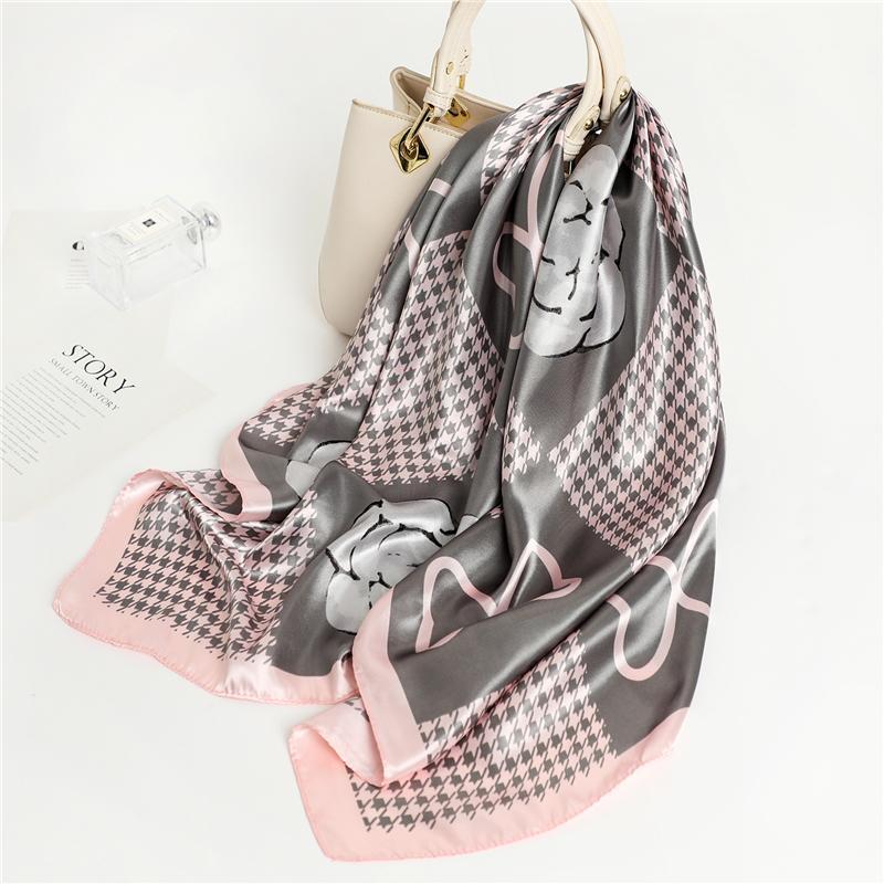 

Scarves 2021 Silk Scarf Square Women Shawls Vintage Hijab Neckerchief Bow Flower Print Pashmina Headband Female Ladies Hair Bandana, Blue;gray
