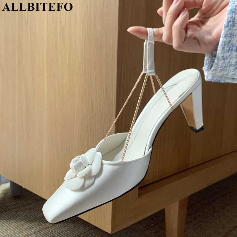 

ALLBITEFO flower design sheepskin insole fashion soft sexy women heels shoes summer women sandals club party wedding shoes 210611, Black heel 7cm