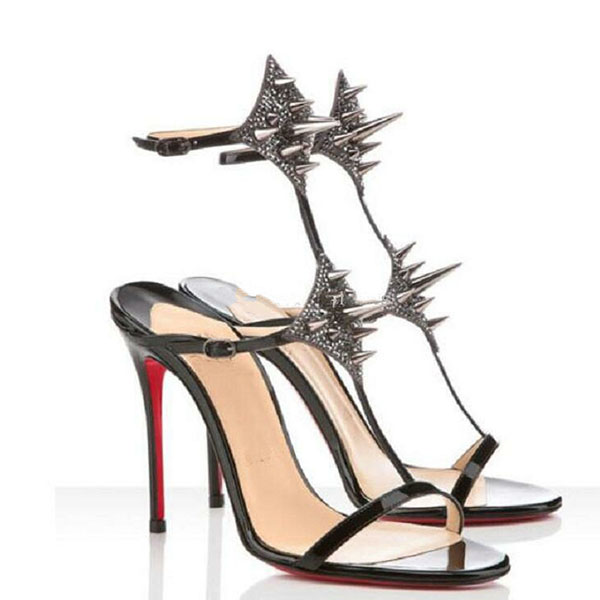 

2021 novelty sexy open toe ankle strap woman gold black thin heels summer high heel shoes rivet dress EU35-43