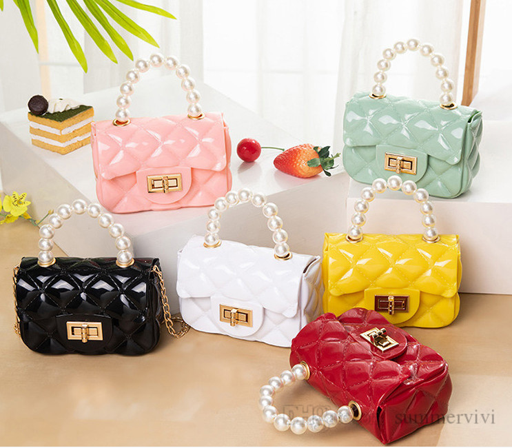 

Luxury girls pearls chain handbags kids diamond plaid square jelly single shoulder bags designer children metals buckle messenger bag Q0324, Black